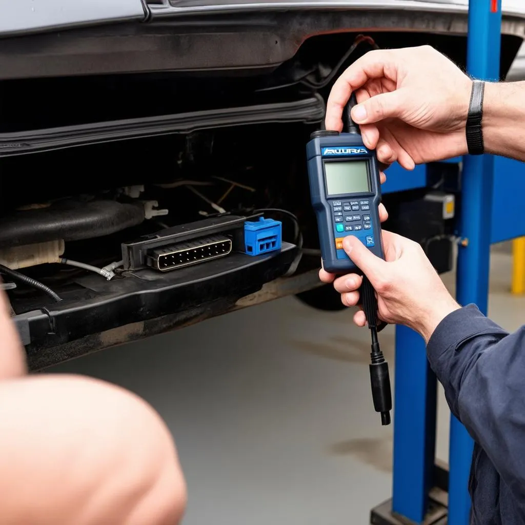 Mechanic using a diagnostic tool on an Acura TL